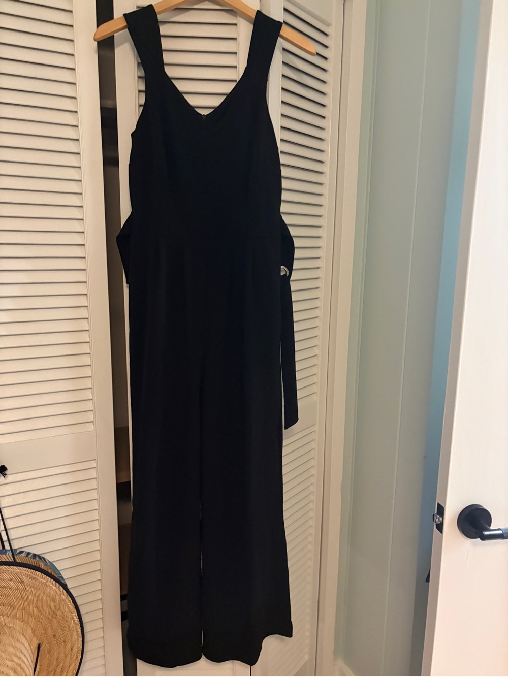 London Times Black V-Neck Wide-Leg Jumpsuit with Tie Waist